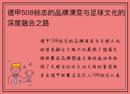 德甲508标志的品牌演变与足球文化的深度融合之路